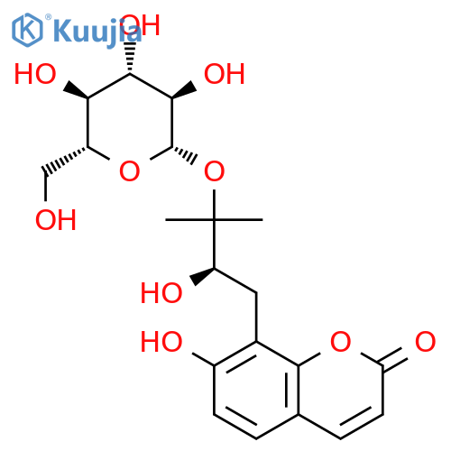 2H-1-Benzopyran-2-one,8-[(2R)-3-(b-D-glucopyranosyloxy)-2-hydroxy-3-methylbutyl]-7-hydroxy- structure