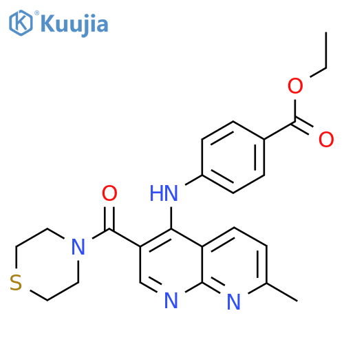 ethyl 4-{[7-methyl-3-(thiomorpholine-4-carbonyl)-1,8-naphthyridin-4-yl]amino}benzoate structure