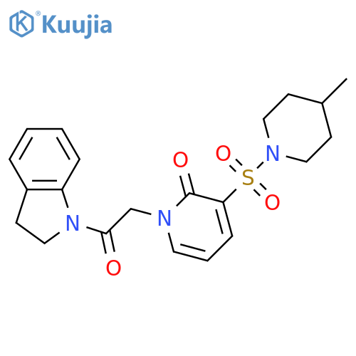 1-2-(2,3-dihydro-1H-indol-1-yl)-2-oxoethyl-3-(4-methylpiperidin-1-yl)sulfonyl-1,2-dihydropyridin-2-one structure