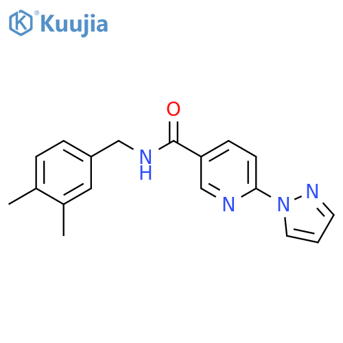 N-(3,4-dimethylphenyl)methyl-6-(1H-pyrazol-1-yl)pyridine-3-carboxamide structure