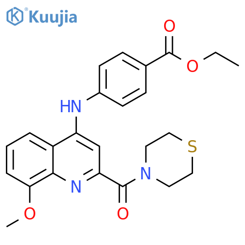 ethyl 4-{[8-methoxy-2-(thiomorpholine-4-carbonyl)quinolin-4-yl]amino}benzoate structure