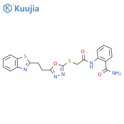2-2-({5-2-(1,3-benzothiazol-2-yl)ethyl-1,3,4-oxadiazol-2-yl}sulfanyl)acetamidobenzamide structure