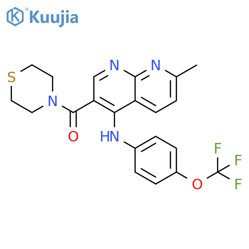 7-methyl-3-(thiomorpholine-4-carbonyl)-N-[4-(trifluoromethoxy)phenyl]-1,8-naphthyridin-4-amine structure