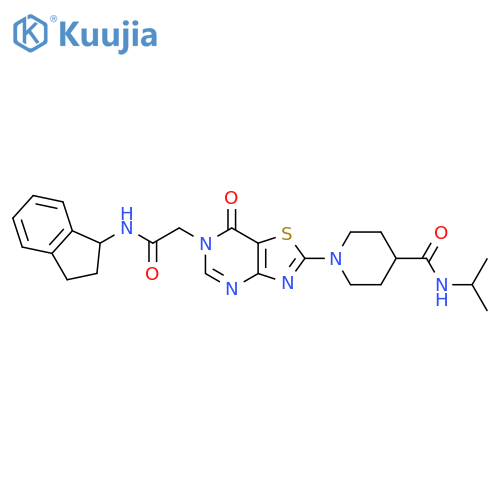 1-(6-{[(2,3-dihydro-1H-inden-1-yl)carbamoyl]methyl}-7-oxo-6H,7H-[1,3]thiazolo[4,5-d]pyrimidin-2-yl)-N-(propan-2-yl)piperidine-4-carboxamide structure
