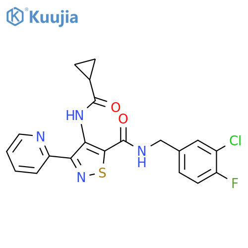 N-[(3-chloro-4-fluorophenyl)methyl]-4-cyclopropaneamido-3-(pyridin-2-yl)-1,2-thiazole-5-carboxamide structure
