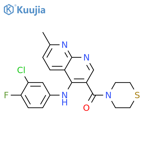 N-(3-chloro-4-fluorophenyl)-7-methyl-3-(thiomorpholine-4-carbonyl)-1,8-naphthyridin-4-amine structure