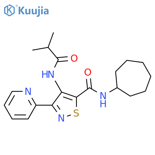 N-cycloheptyl-4-(2-methylpropanamido)-3-(pyridin-2-yl)-1,2-thiazole-5-carboxamide structure