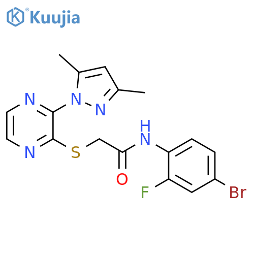 N-(4-bromo-2-fluorophenyl)-2-{3-(3,5-dimethyl-1H-pyrazol-1-yl)pyrazin-2-ylsulfanyl}acetamide structure