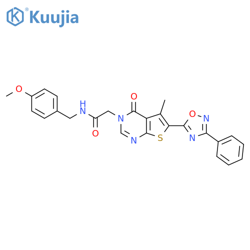 N-(4-methoxyphenyl)methyl-2-5-methyl-4-oxo-6-(3-phenyl-1,2,4-oxadiazol-5-yl)-3H,4H-thieno2,3-dpyrimidin-3-ylacetamide structure