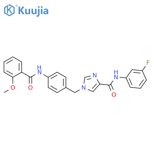N-(3-fluorophenyl)-1-{4-(2-methoxybenzamido)phenylmethyl}-1H-imidazole-4-carboxamide structure