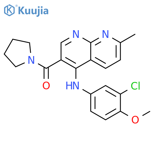 N-(3-chloro-4-methoxyphenyl)-7-methyl-3-(pyrrolidine-1-carbonyl)-1,8-naphthyridin-4-amine structure