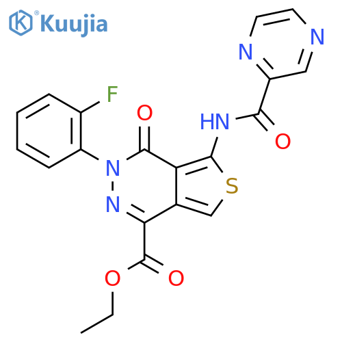 ethyl 3-(2-fluorophenyl)-4-oxo-5-(pyrazine-2-amido)-3H,4H-thieno3,4-dpyridazine-1-carboxylate structure