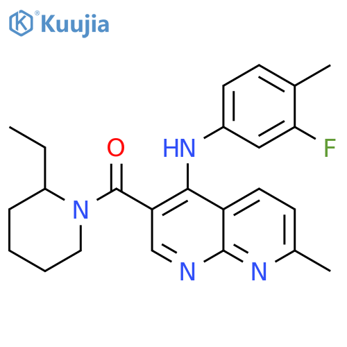 3-(2-ethylpiperidine-1-carbonyl)-N-(3-fluoro-4-methylphenyl)-7-methyl-1,8-naphthyridin-4-amine structure