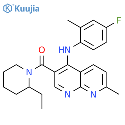 3-(2-ethylpiperidine-1-carbonyl)-N-(4-fluoro-2-methylphenyl)-7-methyl-1,8-naphthyridin-4-amine structure