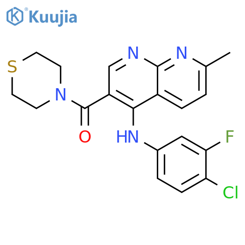 N-(4-chloro-3-fluorophenyl)-7-methyl-3-(thiomorpholine-4-carbonyl)-1,8-naphthyridin-4-amine structure