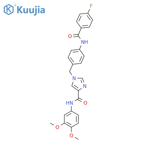 N-(3,4-dimethoxyphenyl)-1-{4-(4-fluorobenzamido)phenylmethyl}-1H-imidazole-4-carboxamide structure