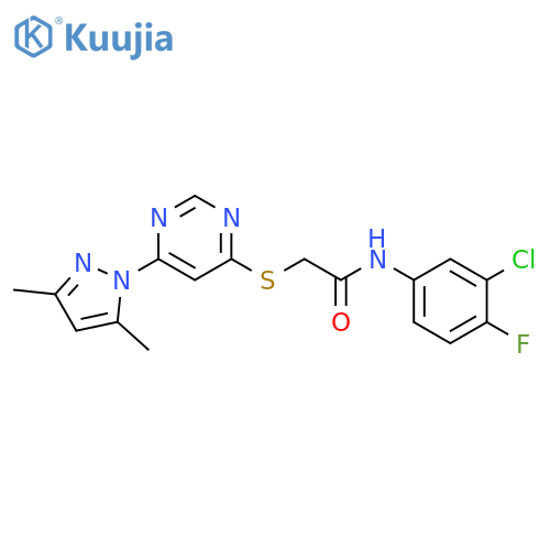 N-(3-chloro-4-fluorophenyl)-2-{6-(3,5-dimethyl-1H-pyrazol-1-yl)pyrimidin-4-ylsulfanyl}acetamide structure