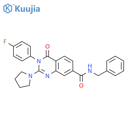 N-benzyl-3-(4-fluorophenyl)-4-oxo-2-(pyrrolidin-1-yl)-3,4-dihydroquinazoline-7-carboxamide structure