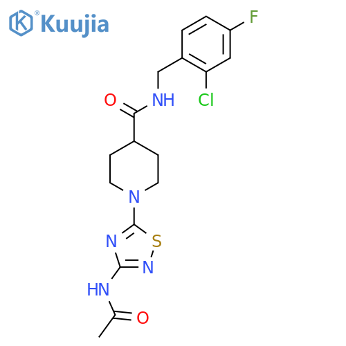 N-(2-chloro-4-fluorophenyl)methyl-1-(3-acetamido-1,2,4-thiadiazol-5-yl)piperidine-4-carboxamide structure