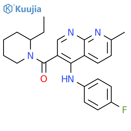 3-(2-ethylpiperidine-1-carbonyl)-N-(4-fluorophenyl)-7-methyl-1,8-naphthyridin-4-amine structure