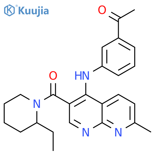1-(3-{[3-(2-ethylpiperidine-1-carbonyl)-7-methyl-1,8-naphthyridin-4-yl]amino}phenyl)ethan-1-one structure