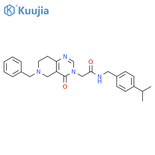 2-{6-benzyl-4-oxo-3H,4H,5H,6H,7H,8H-pyrido4,3-dpyrimidin-3-yl}-N-{4-(propan-2-yl)phenylmethyl}acetamide structure
