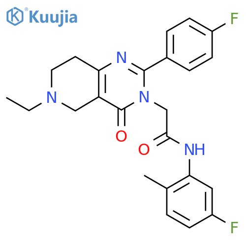 2-6-ethyl-2-(4-fluorophenyl)-4-oxo-3H,4H,5H,6H,7H,8H-pyrido4,3-dpyrimidin-3-yl-N-(5-fluoro-2-methylphenyl)acetamide structure