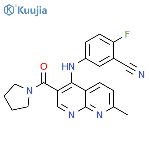2-fluoro-5-{[7-methyl-3-(pyrrolidine-1-carbonyl)-1,8-naphthyridin-4-yl]amino}benzonitrile structure