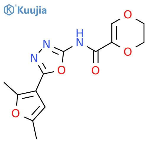 N-5-(2,5-dimethylfuran-3-yl)-1,3,4-oxadiazol-2-yl-5,6-dihydro-1,4-dioxine-2-carboxamide structure