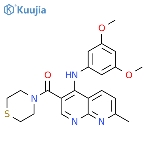 N-(3,5-dimethoxyphenyl)-7-methyl-3-(thiomorpholine-4-carbonyl)-1,8-naphthyridin-4-amine structure