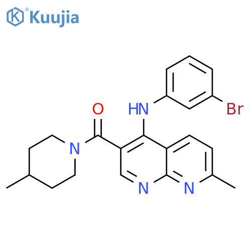 N-(3-bromophenyl)-7-methyl-3-(4-methylpiperidine-1-carbonyl)-1,8-naphthyridin-4-amine structure