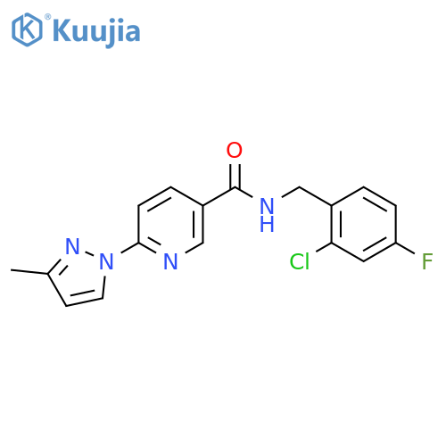 N-(2-chloro-4-fluorobenzyl)-6-(3-methyl-1H-pyrazol-1-yl)nicotinamide structure