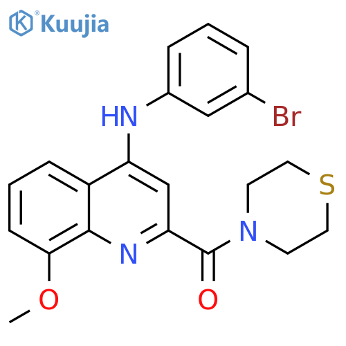 N-(3-bromophenyl)-8-methoxy-2-(thiomorpholine-4-carbonyl)quinolin-4-amine structure