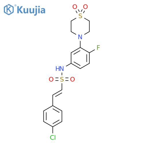 (E)-2-(4-chlorophenyl)-N-[3-(1,1-dioxo-1,4-thiazinan-4-yl)-4-fluorophenyl]ethenesulfonamide structure