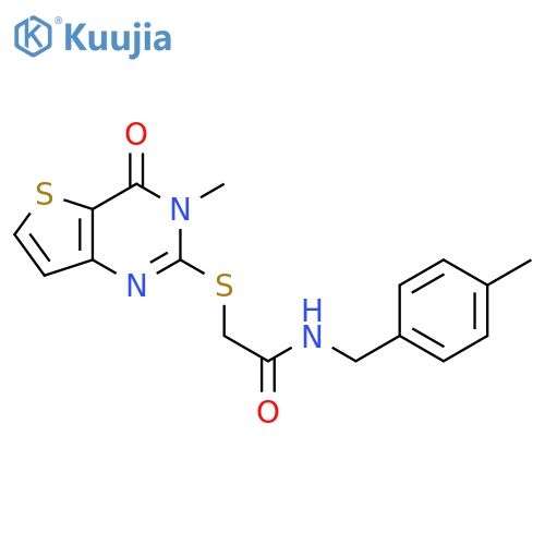 2-({3-methyl-4-oxo-3H,4H-thieno[3,2-d]pyrimidin-2-yl}sulfanyl)-N-[(4-methylphenyl)methyl]acetamide structure