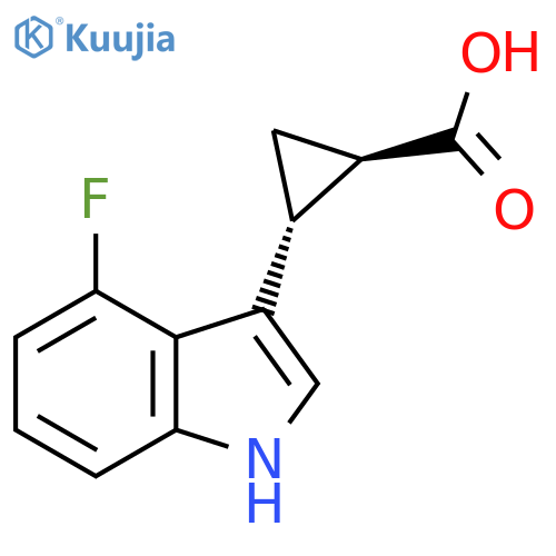 rac-(1R,2R)-2-(4-fluoro-1H-indol-3-yl)cyclopropane-1-carboxylic acid structure