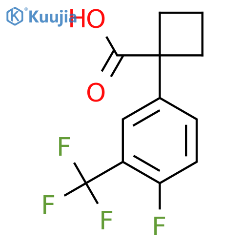 1-4-fluoro-3-(trifluoromethyl)phenylcyclobutane-1-carboxylic acid structure