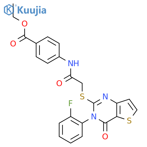 ethyl 4-(2-{[3-(2-fluorophenyl)-4-oxo-3H,4H-thieno[3,2-d]pyrimidin-2-yl]sulfanyl}acetamido)benzoate structure