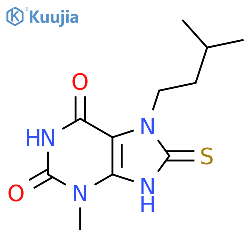 3-methyl-7-(3-methylbutyl)-8-sulfanyl-2,3,6,7-tetrahydro-1H-purine-2,6-dione structure