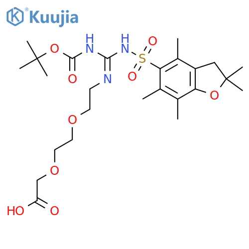 2-[2-[2-[[[(2-Methylpropan-2-yl)oxycarbonylamino]-[(2,2,4,6,7-pentamethyl-3H-1-benzofuran-5-yl)sulfonylamino]methylidene]amino]ethoxy]ethoxy]acetic acid structure