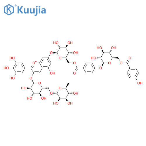 1-Benzopyrylium,3-[[6-O-(6-deoxy-a-L-mannopyranosyl)-b-D-glucopyranosyl]oxy]-5-hydroxy-7-[[6-O-[4-[[6-O-(4-hydroxybenzoyl)-b-D-glucopyranosyl]oxy]benzoyl]-b-D-glucopyranosyl]oxy]-2-(3,4,5-trihydroxyphenyl)-(9CI) structure