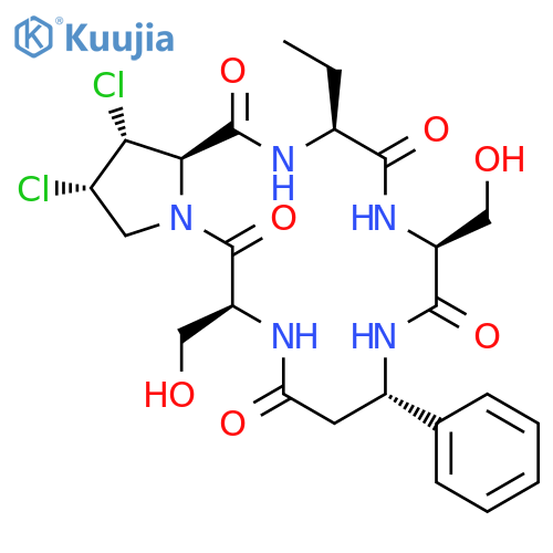 Cyclo[(3R)-3-phenyl-b-alanyl-L-seryl-(3S,4R)-3,4-dichloro-L-prolyl-(2S)-2-aminobutanoyl-L-seryl] structure