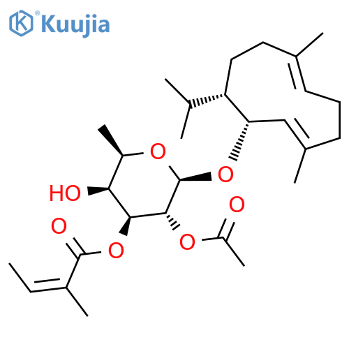 b-D-Galactopyranoside,(1R,2E,6E,10S)-3,7-dimethyl-10-(1-methylethyl)-2,6-cyclodecadien-1-yl 6-deoxy-,2-acetate 3-[(2Z)-2-methyl-2-butenoate] (9CI) structure