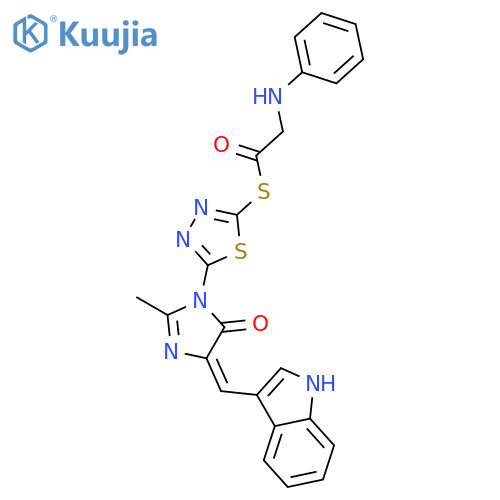 Ethanethioic acid,2-(phenylamino)-,S-[5-[4,5-dihydro-4-(1H-indol-3-ylmethylene)-2-methyl-5-oxo-1H-imidazol-1-yl]-1,3,4-thiadiazol-2-yl]ester structure