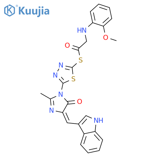 Ethanethioic acid,2-[(2-methoxyphenyl)amino]-,S-[5-[4,5-dihydro-4-(1H-indol-3-ylmethylene)-2-methyl-5-oxo-1H-imidazol-1-yl]-1,3,4-thiadiazol-2-yl]ester structure