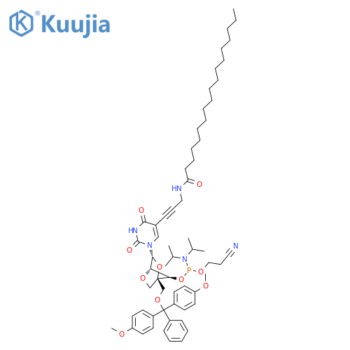 Octadecanamide, N-[3-[1-[2,5-anhydro-4-C-[[bis(4-methoxyphenyl)phenylmethoxy]methyl]-3-O-[[bis(1-methylethyl)amino](2-cyanoethoxy)phosphino]-α-L-ribofuranosyl]-1,2,3,4-tetrahydro-2,4-dioxo-5-pyrimidinyl]-2-propyn-1-yl]- structure
