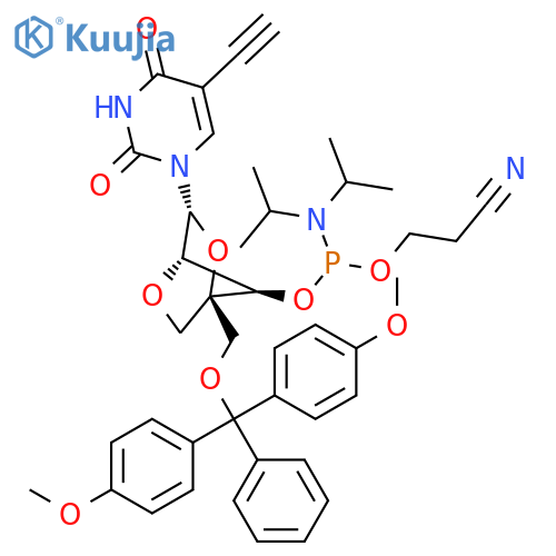 2,4(1H,3H)-Pyrimidinedione, 1-[2,5-anhydro-4-C-[[bis(4-methoxyphenyl)phenylmethoxy]methyl]-3-O-[[bis(1-methylethyl)amino](2-cyanoethoxy)phosphino]-α-L-ribofuranosyl]-5-ethynyl- structure
