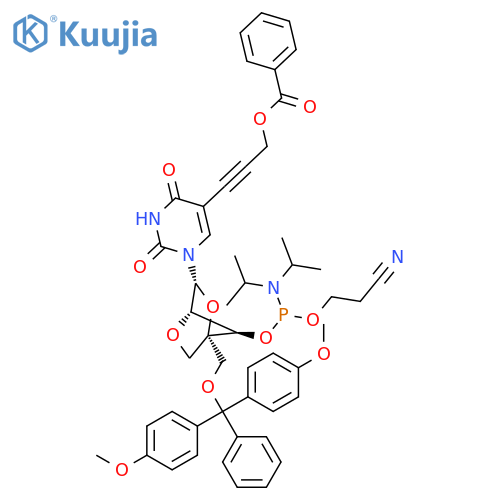 2,4(1H,3H)-Pyrimidinedione, 1-[2,5-anhydro-4-C-[[bis(4-methoxyphenyl)phenylmethoxy]methyl]-3-O-[[bis(1-methylethyl)amino](2-cyanoethoxy)phosphino]-β-D-lyxofuranosyl]-5-[3-(benzoyloxy)-1-propyn-1-yl]- structure