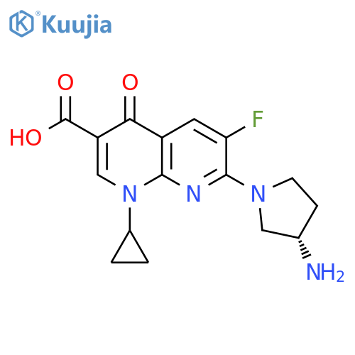 1,8-Naphthyridine-3-carboxylicacid, 7-[(3S)-3-amino-1-pyrrolidinyl]-1-cyclopropyl-6-fluoro-1,4-dihydro-4-oxo- structure