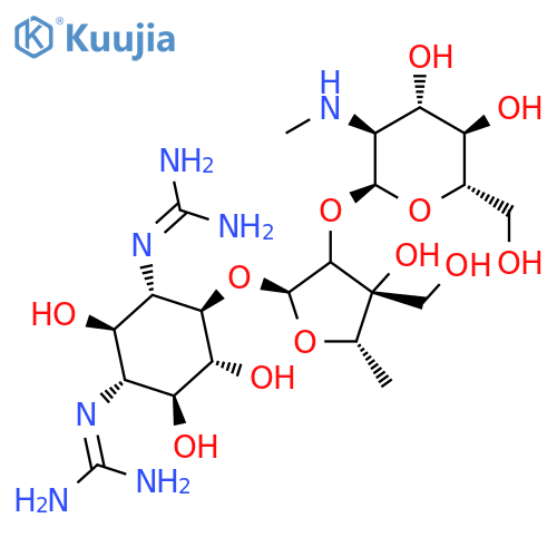 N-(1R,2R,3S,4R,5R,6S)-3-carbamimidamido-4-{(2R,3R,4R,5S)-3-{(2S,3S,4S,5R,6S)-4,5-dihydroxy-6-(hydroxymethyl)-3-(methylamino)oxan-2-yloxy}-4-hydroxy-4-(hydroxymethyl)-5-methyloxolan-2-yloxy}-2,5,6-trihydroxycyclohexylguanidine structure
